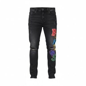 Young & Reckless Mens Black Distressed Jeans Chenille Patch Ankle Zip 33X33